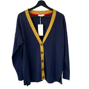 NWT Boden Heidi Blue glitterGold Trim Wool Blend Button Up V Neck Cardigan Large